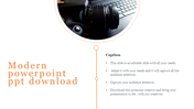 Modern PPT slide with a creative design, showcasing a camera and laptop in the background with captions on a white backdrop.