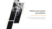 Modern layout with diagonal black and white portrait strips on the left and minimal text with orange accents on the right.