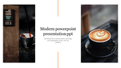 Modern slide featuring images of a dark coffee pour, a latte in a black cup, and a centered text layout in warm tones.