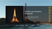 Split view slide with Eiffel Tower images at night and day, text box overlay, and vertical yellow title on the right.