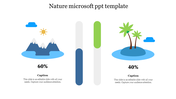 Slide with blue and green elements showing mountains and an island alongside percentage and captions with vertical bars.