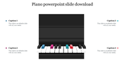 Black upright piano design with white and colorful keys, surrounded by four captions on the sides.