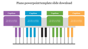 Piano themed slide with colored keys in purple, blue, green, and orange, each linked to matching text boxes above.