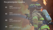 Two firefighters spraying water at a fire, with four numbered text sections for captions on the left.