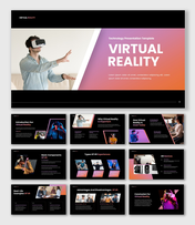 The virtual reality presentation with headset user, VR intro, uses, devices, benefits, and immersive tech visuals.