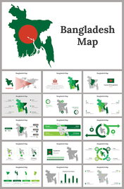 Bangladesh map slide deck featuring green illustrations, flag symbols, and demographic data visualizations.