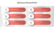 Six-step skincare routine layout with oval sections for icons and brief descriptions on a light background.