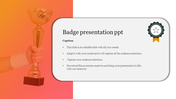 Hand holding a gold trophy on a gradient background with badge icon and presentation points in a rounded white box.