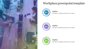Workplace slide featuring an overhead view of a collaborative office table with laptops, notebooks, and plants with captions.