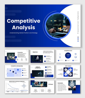 Competitor analysis slides, blue theme, charts, SWOT, graphs, icons, shapes, structured text boxes.