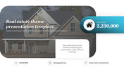 Real estate template showing a two story home, blue pricing bubble on the right, and white content area at the bottom.