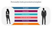 Colorful slide illustrating various personality traits from thoughtful to grounded with male and female silhouettes.