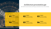 Historical architectural backdrop with a bold yellow section displaying six captions in a symmetrical arrangement.
