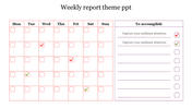 Weekly planner template featuring a grid calendar diagram with checkmarks and a task checklist.