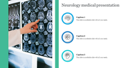 Medical presentation slide featuring a neurologist pointing at brain scans, with space for captions on the right.
