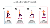 Four illustrations of a person performing yoga poses on a mat, each in a bordered box with captions below.