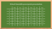 School timetable slide displayed on a green chalkboard, showing a weekly schedule of subjects.