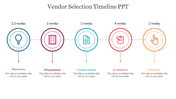 Five circular icons in various colors with a timeline showing stages of vendor selection, each connected to descriptive text.