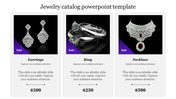 Slide displaying a jewelry catalog featuring three products earrings, a ring, and a necklace, each with a price tag.
