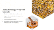 Honey farming slide with bees on a honeycomb and a jar of honey with a wooden dipper.