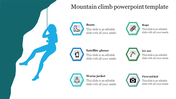 PPT slide with a mountain climber silhouette and color coded icons for climbing gear on a white backdrop with text area.