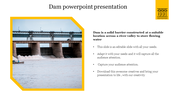 A slide featuring a dam as the main image, accompanied by text explaining its purpose as a barrier to store flowing water.