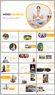 A pack of mindfulness slides featuring women's meditating, emphasizing the importance of the present moment.