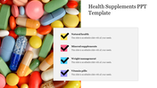 Health supplement slide with images of assorted pills and categories for natural health, minerals, weight, and vitamins.