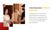 Two people exchanging a food delivery bag at a doorway, with a red and white background and a play button icon.