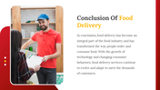 Delivery person in a red shirt handing over a package to a customer, with a conclusion about food delivery on the right side.