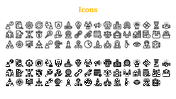 A collection of black icons, including symbols for people, documents, charts, gears, and various business and work themes.