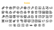 Array of black icon representing concepts such as SEO, social media, communication tools, data analysis, and online services.