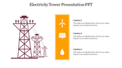 Slide featuring an illustration of electricity towers, with yellow sections for renewable energy icons and captions.
