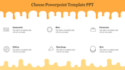Two rows of cheese icons with labels, between a dripping of orange and yellow design, on a white background.