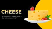Yellow cheese block with holes, topped with tomato, placed on plate with garnish, next to cheese title on dark background.