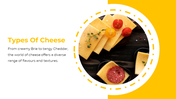 Circular photo of cheese slices with toppings on dark wood, next to bold yellow title and text about cheese varieties.