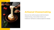 Hot melted cheese flowing onto a potato with herbs and tomatoes nearby, beside a white section with cheesemaking text.