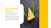 Wedge of holey cheese placed on black background with herbs, next to yellow and white text about global cheese varieties.