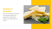 Sliced and grated cheese with fresh basil on stone surface beside bold yellow heading and text about cheesy desserts.