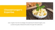 Cubes of cheese in small bowl garnished with mint leaves, next to bold heading and text on cheesemonger guidance.