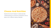 Cheesy pizza surrounded by ingredients like spices and tomatoes, next to text on cheese’s nutritional role.
