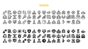 Two rows of assorted business icons in dual styles below centered yellow heading, featuring graphs, teams, and tools.