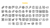 Icon set featuring business tools, charts, SEO, and social media logos displayed in five rows with yellow heading above.