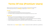 Instructional slide outlining premium usage rights and restrictions with color-coded sections and footer links to help pages.