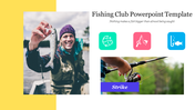 Fishing slide with a yellow border, showing a photo of a person holding a fish, and three icons in green, pink, and blue.