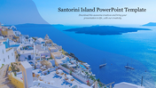 A scenic view of whitewashed buildings on Santorini Island with a blue sea and distant island backdrop.