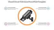 Closed Circuit Television template with a central gray camera icon and four text bubbles for highlighting key features.