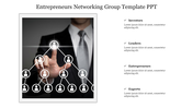 Slide showing a businessman pointing to a hierarchy of connected icons symbolizing a networking structure with text.