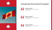 Canada Day slide with a waving Canadian flag on the left, red maple leaf icons, and three text points on the right.
