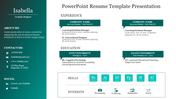 Resume PPT template featuring a graphic designer with work experience and education details on a green and white backdrop.
